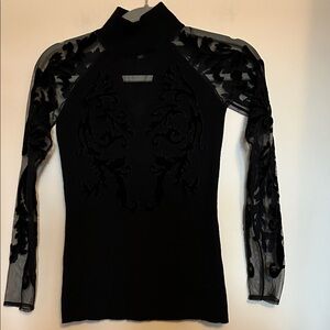 INC knit sweater with mesh sleeves & V shape below turtle neck velvety trim s-XS